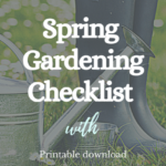 Spring gardening checklist graphic with rain boots and watering can on grass