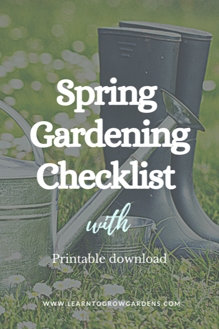 Spring gardening checklist graphic with rain boots and watering can on grass