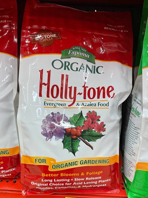 Bag of Hollytone fertilizer from Espoma Organic on shelf at store