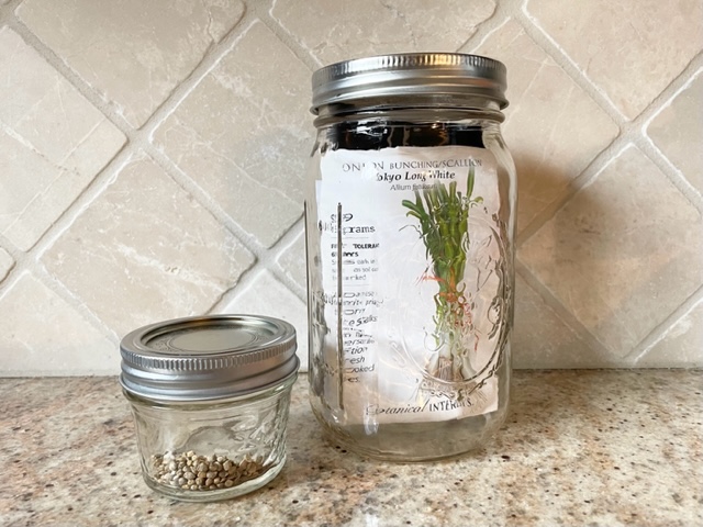 Seeds stored loose in a 4oz jelly jar, and seed packets stored in an air-tight mason jar with lid