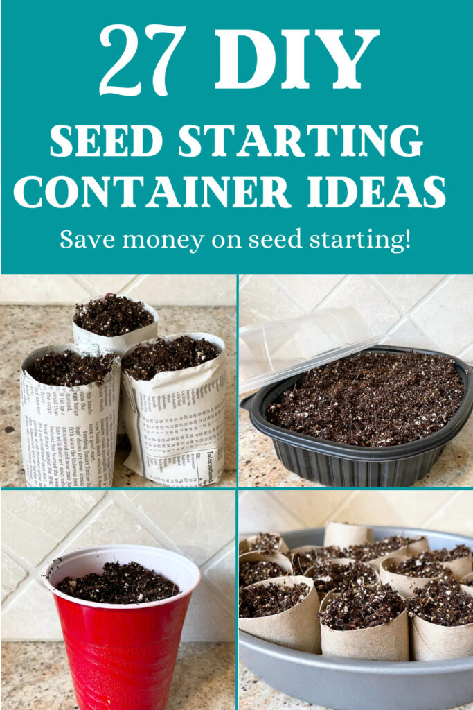 different seed starting container ideas, including plastic cup, toilet paper tubes, newspaper pots, and rotisserie chicken container