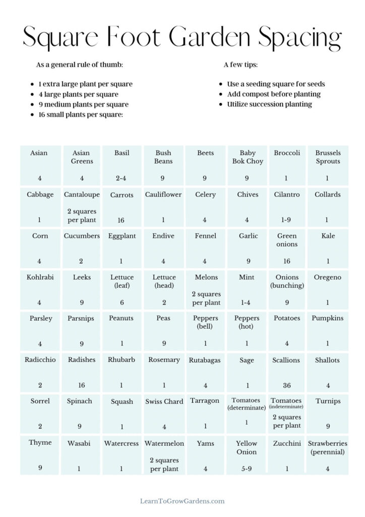 square foot garden plant spacing chart