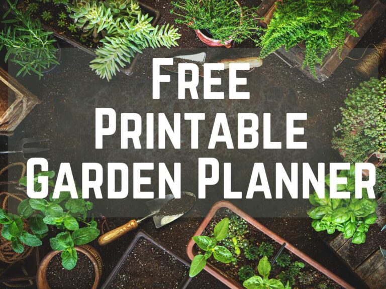 Free Printable Garden Planner text with herbs and plants in the background
